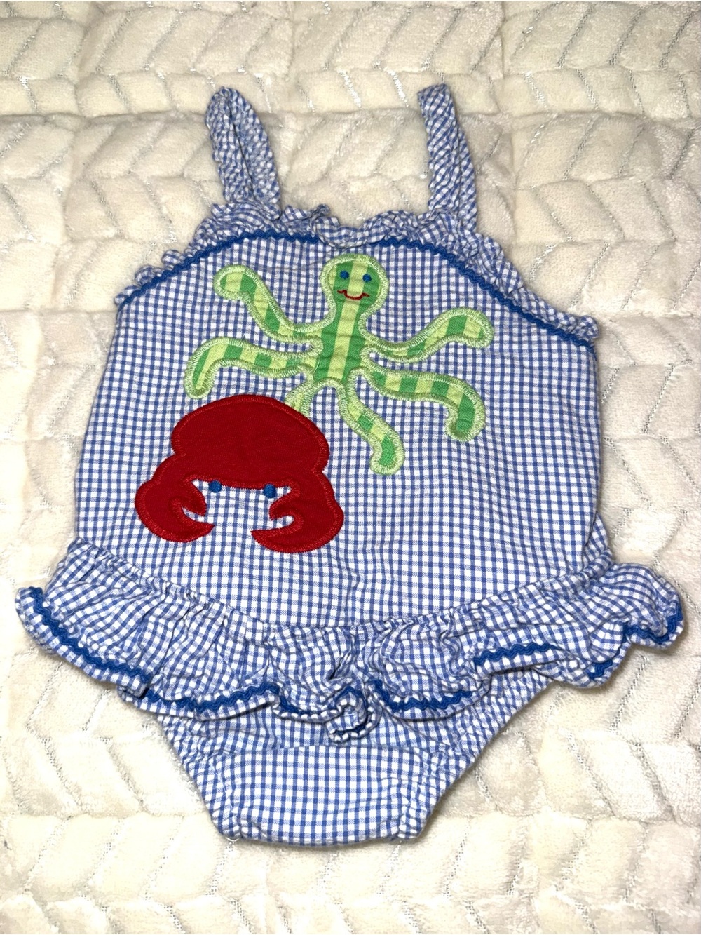 The Bailey Boys blue and white gingham ruffled swimsuit, size 3 mos